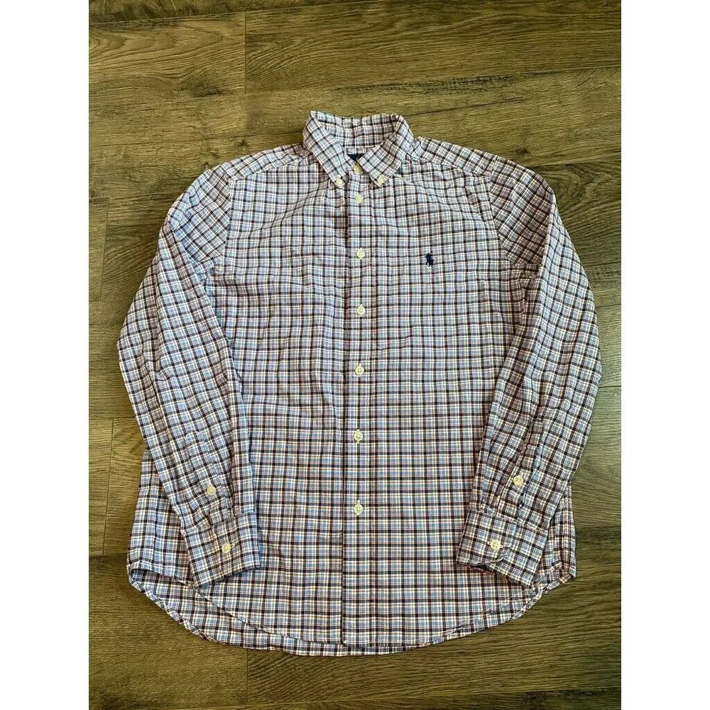 EUC Kids Boy Ralph Lauren long sleeve plaid button up natural stretch SZ L 14 16